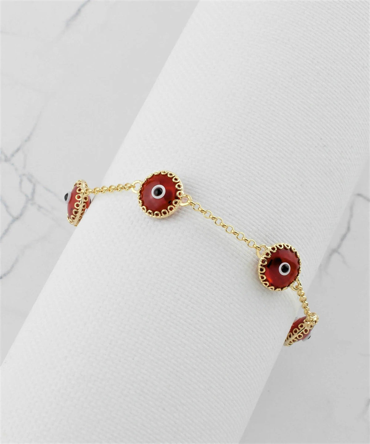 5 Beads Red Evil Eye Women Gold Plated Silver Link Bracelet - Drakoi Marketplace