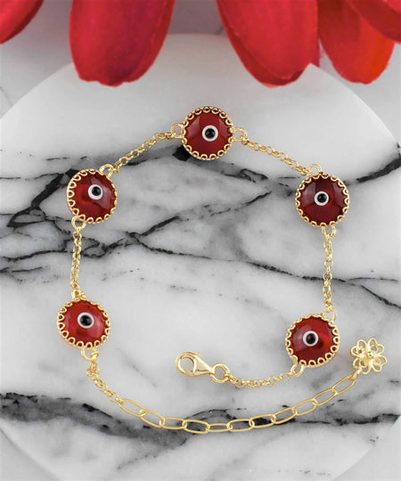 5 Beads Red Evil Eye Women Gold Plated Silver Link Bracelet - Drakoi Marketplace