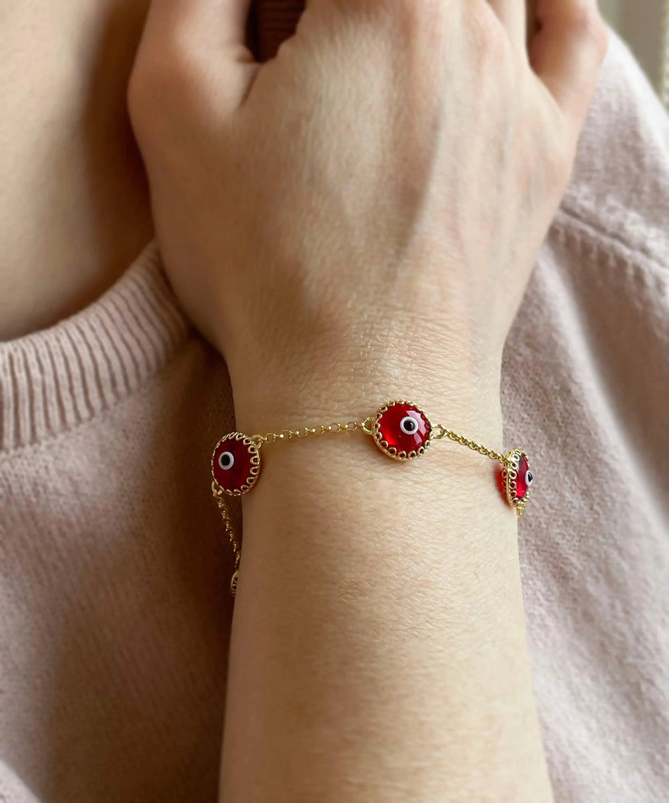 5 Beads Red Evil Eye Women Gold Plated Silver Link Bracelet - Drakoi Marketplace