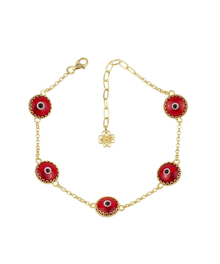 5 Beads Red Evil Eye Women Gold Plated Silver Link Bracelet - Drakoi Marketplace