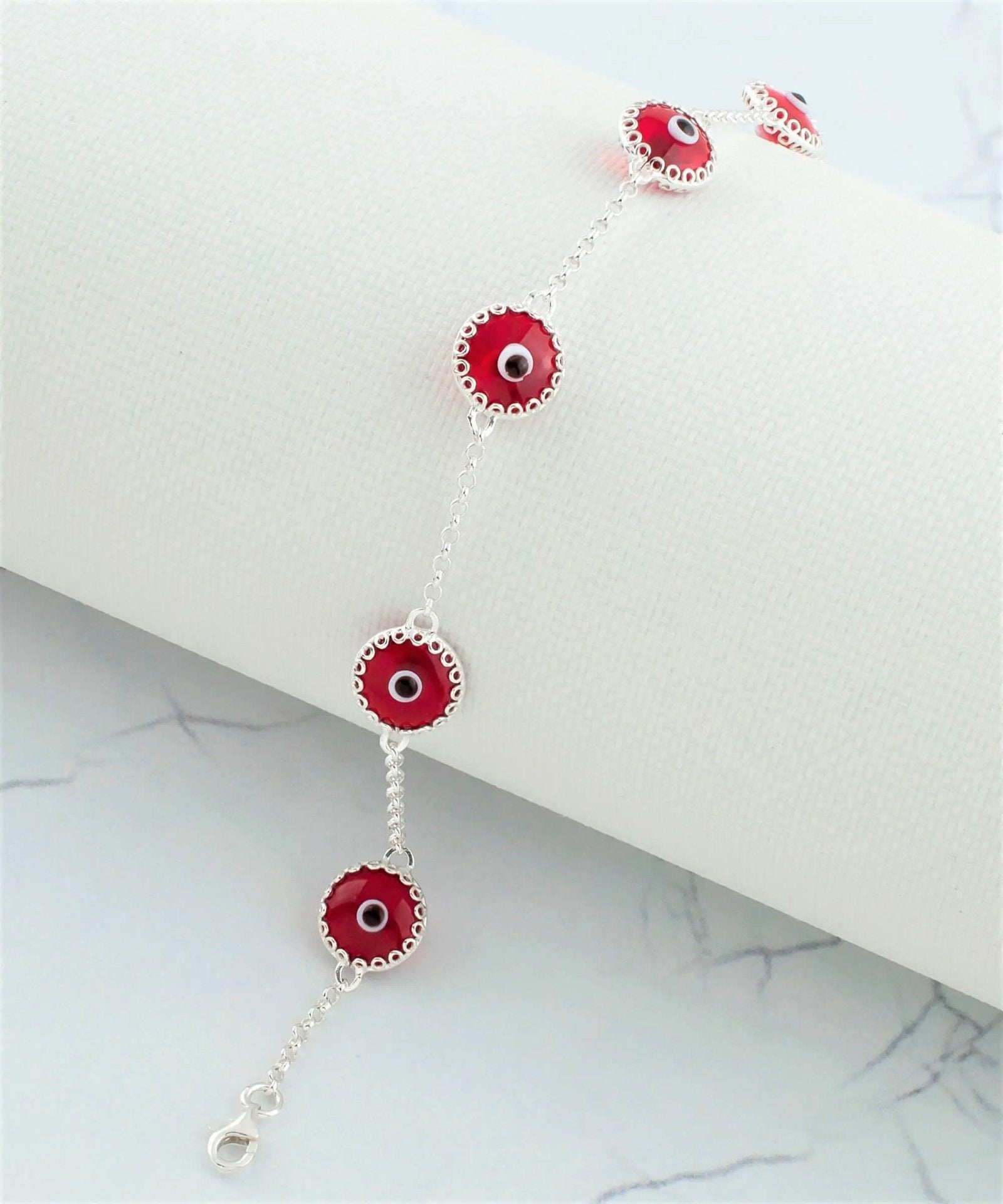 5 Beads Red Evil Eye Women Silver Link Bracelet - Drakoi Marketplace