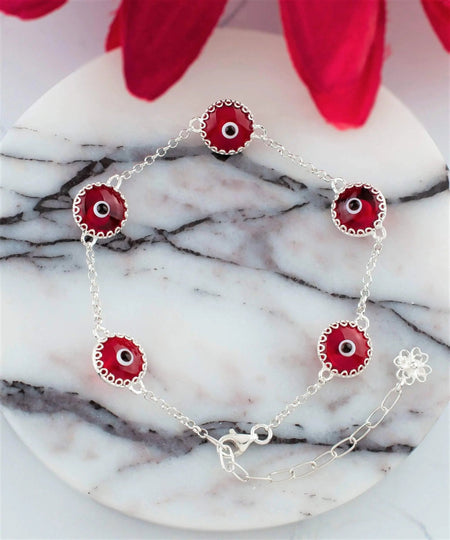 5 Beads Red Evil Eye Women Silver Link Bracelet - Drakoi Marketplace