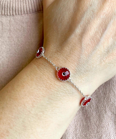 5 Beads Red Evil Eye Women Silver Link Bracelet - Drakoi Marketplace