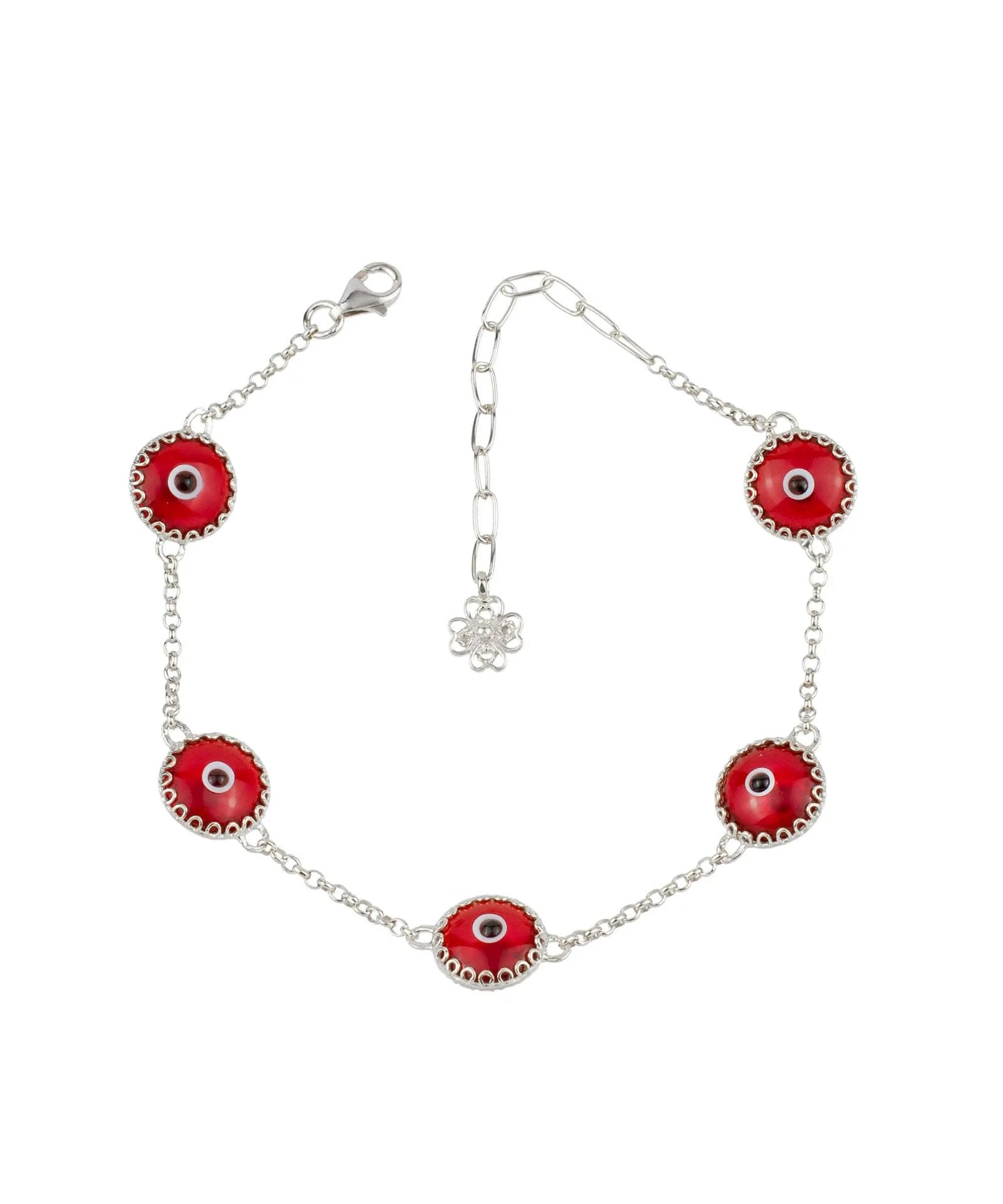 5 Beads Red Evil Eye Women Silver Link Bracelet - Drakoi Marketplace