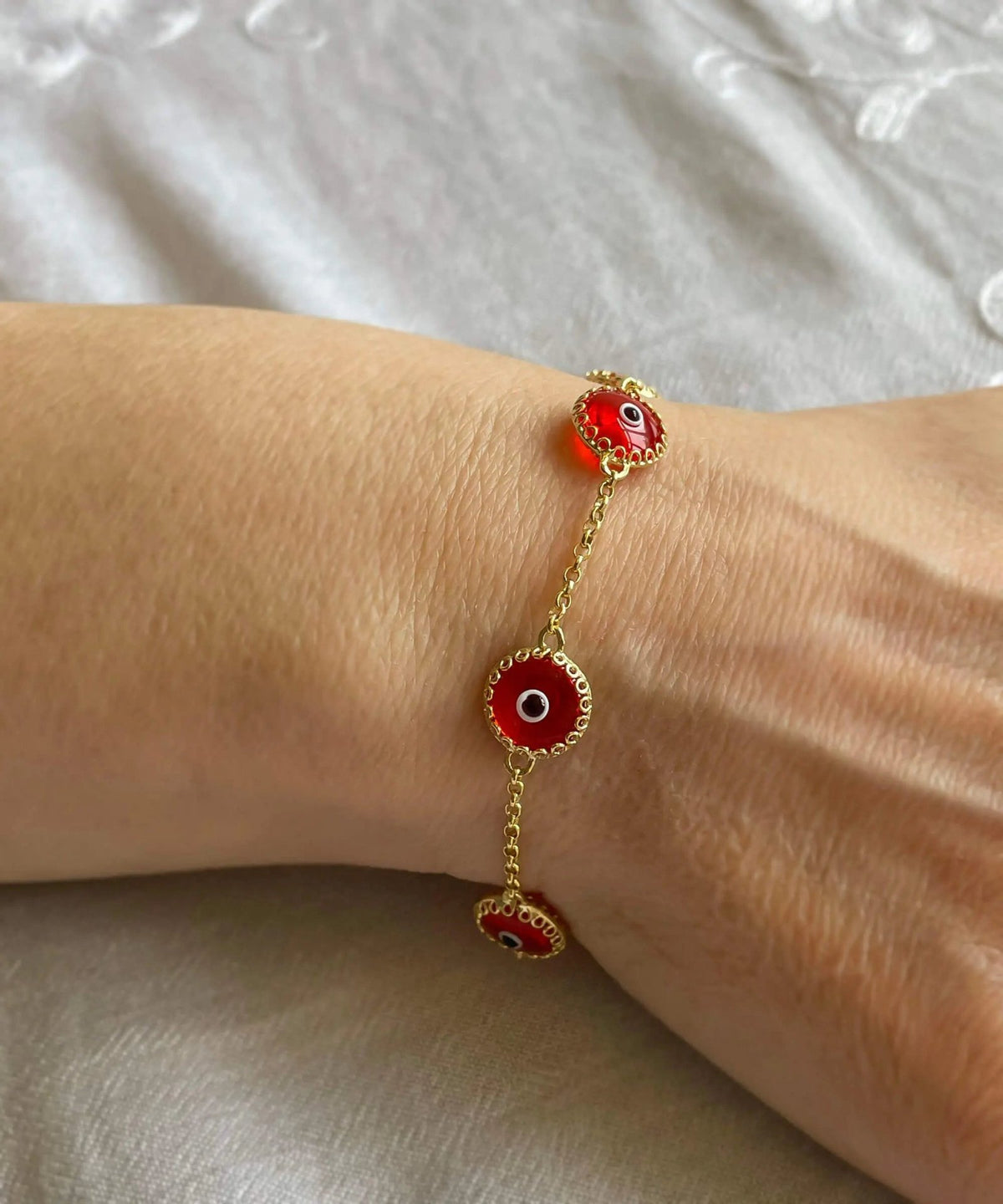 5 Beads Scarlet Evil Eye Women Gold Plated Silver Link Bracelet - Drakoi Marketplace