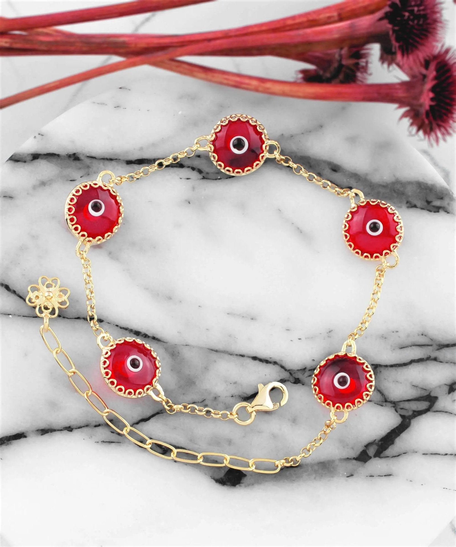 5 Beads Scarlet Evil Eye Women Gold Plated Silver Link Bracelet - Drakoi Marketplace