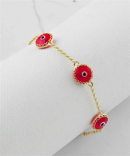 5 Beads Scarlet Evil Eye Women Gold Plated Silver Link Bracelet - Drakoi Marketplace