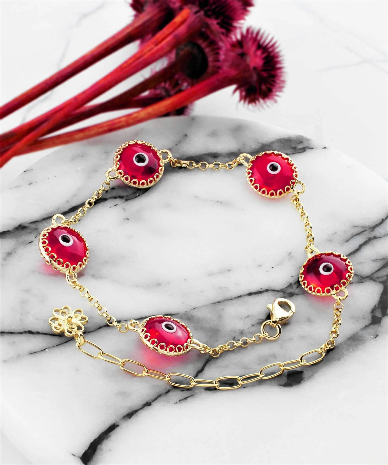 5 Beads Scarlet Evil Eye Women Gold Plated Silver Link Bracelet - Drakoi Marketplace