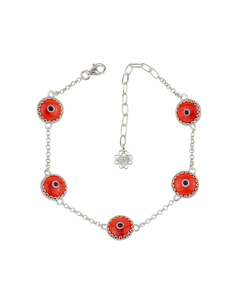 5 Beads Scarlet Evil Eye Women Silver Link Bracelet - Drakoi Marketplace