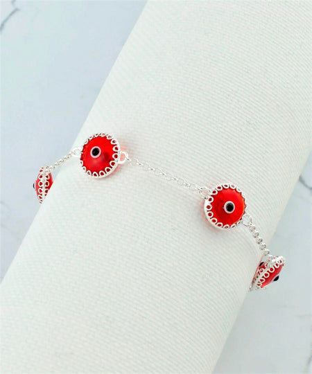 5 Beads Scarlet Evil Eye Women Silver Link Bracelet - Drakoi Marketplace