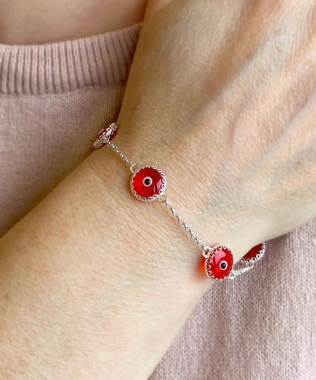 5 Beads Scarlet Evil Eye Women Silver Link Bracelet - Drakoi Marketplace