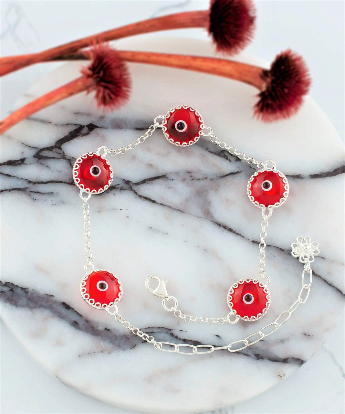 5 Beads Scarlet Evil Eye Women Silver Link Bracelet - Drakoi Marketplace