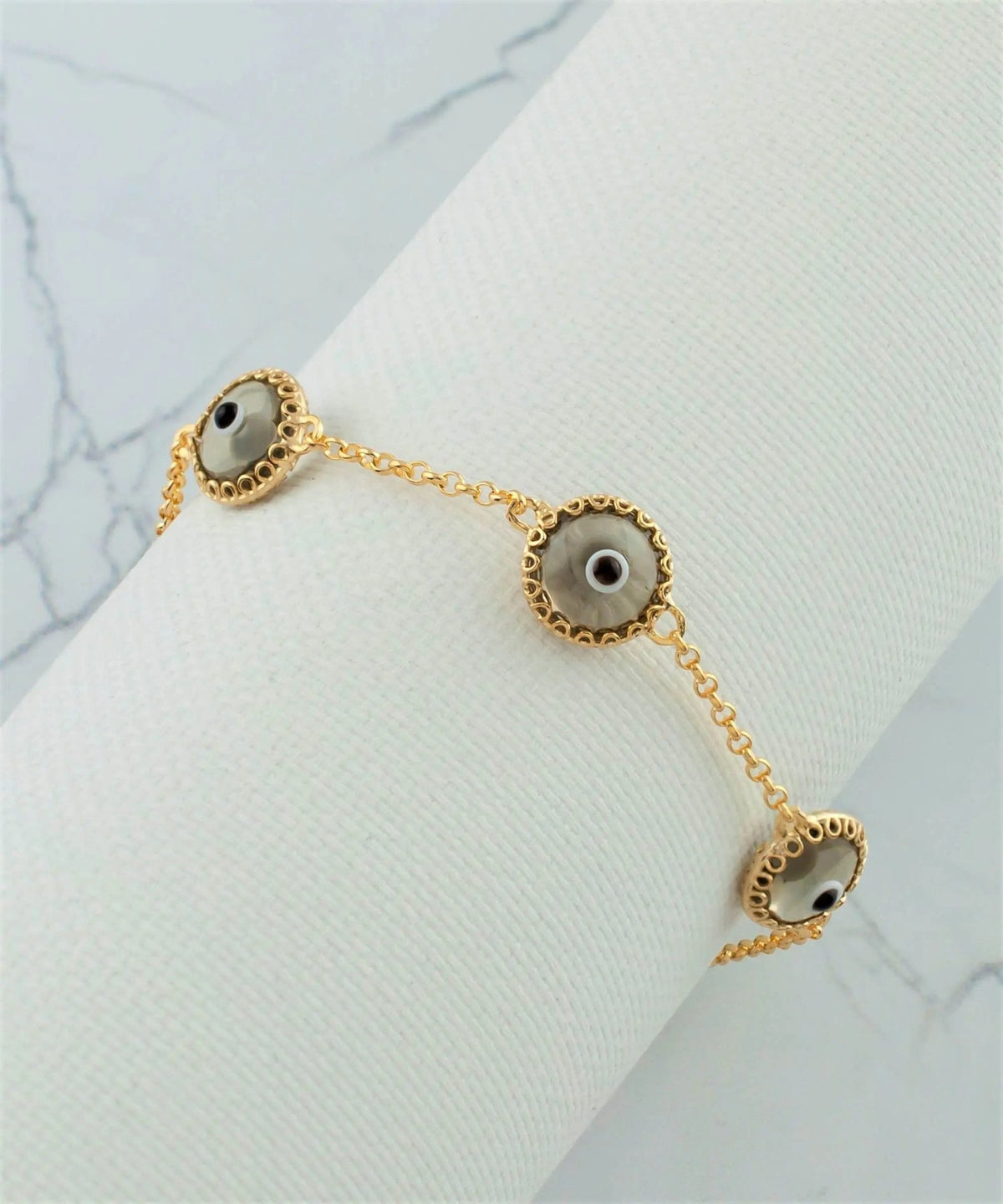 5 Beads Smokey Evil Eye Women Gold Plated Silver Link Bracelet - Drakoi Marketplace