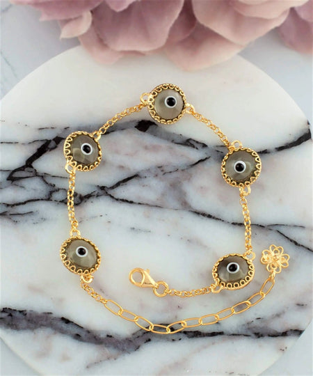 5 Beads Smokey Evil Eye Women Gold Plated Silver Link Bracelet - Drakoi Marketplace