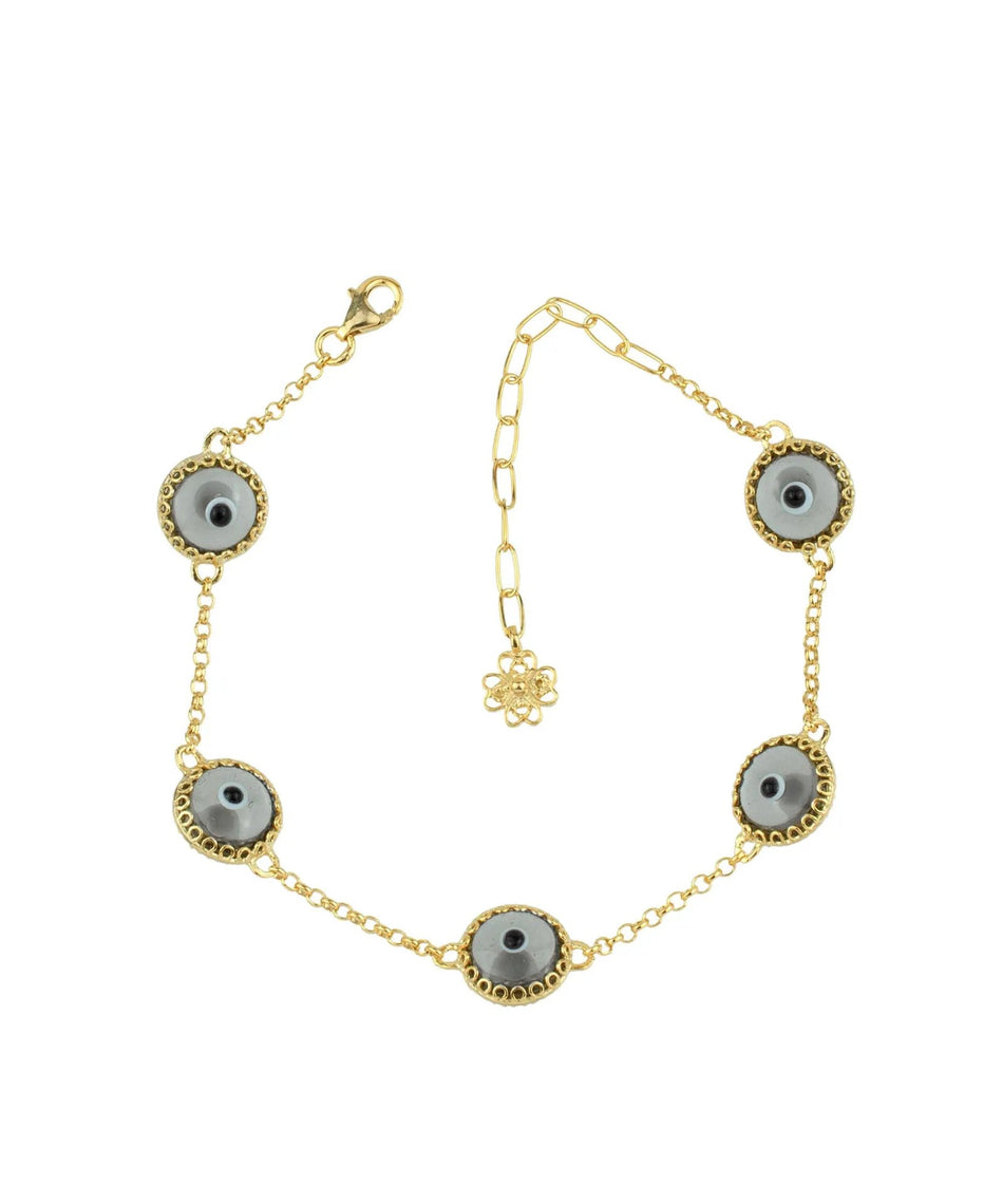 5 Beads Smokey Evil Eye Women Gold Plated Silver Link Bracelet - Drakoi Marketplace