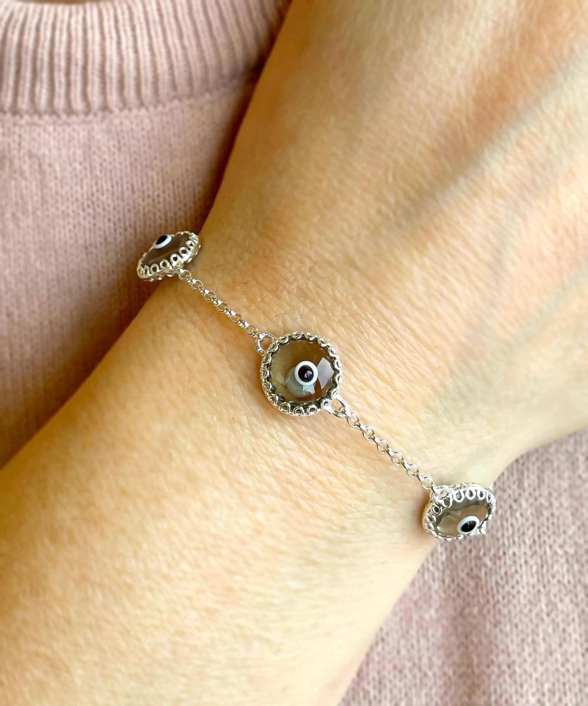 5 Beads Smokey Evil Eye Women Silver Link Bracelet - Drakoi Marketplace