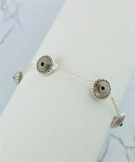 5 Beads Smokey Evil Eye Women Silver Link Bracelet - Drakoi Marketplace