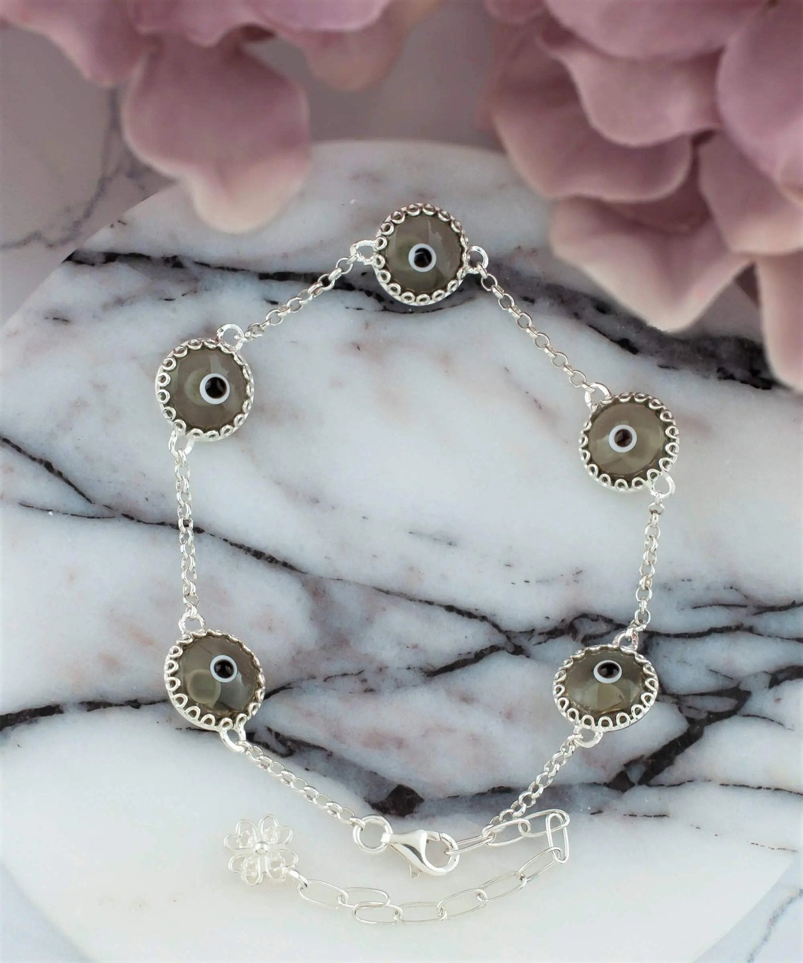 5 Beads Smokey Evil Eye Women Silver Link Bracelet - Drakoi Marketplace