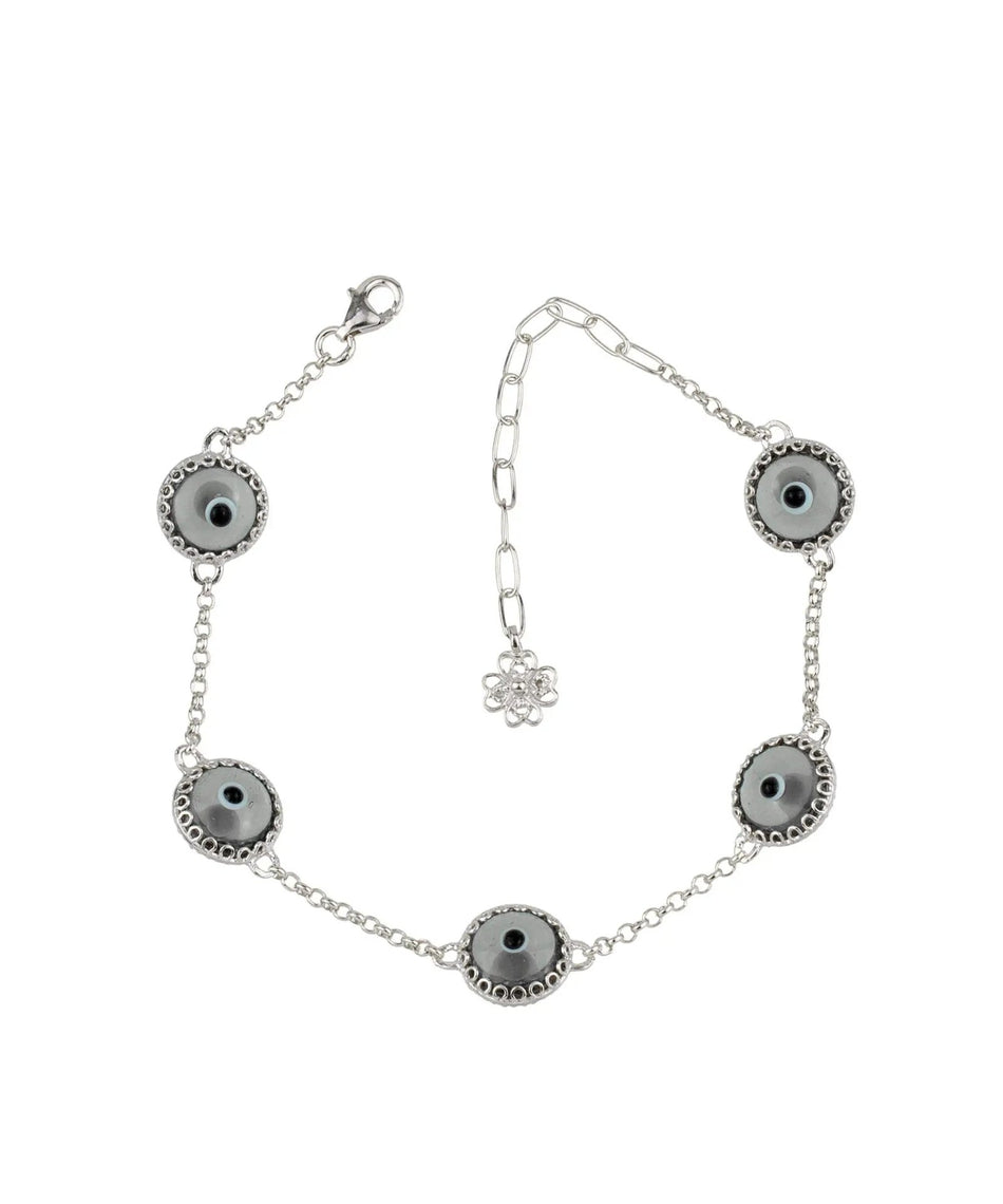 5 Beads Smokey Evil Eye Women Silver Link Bracelet - Drakoi Marketplace