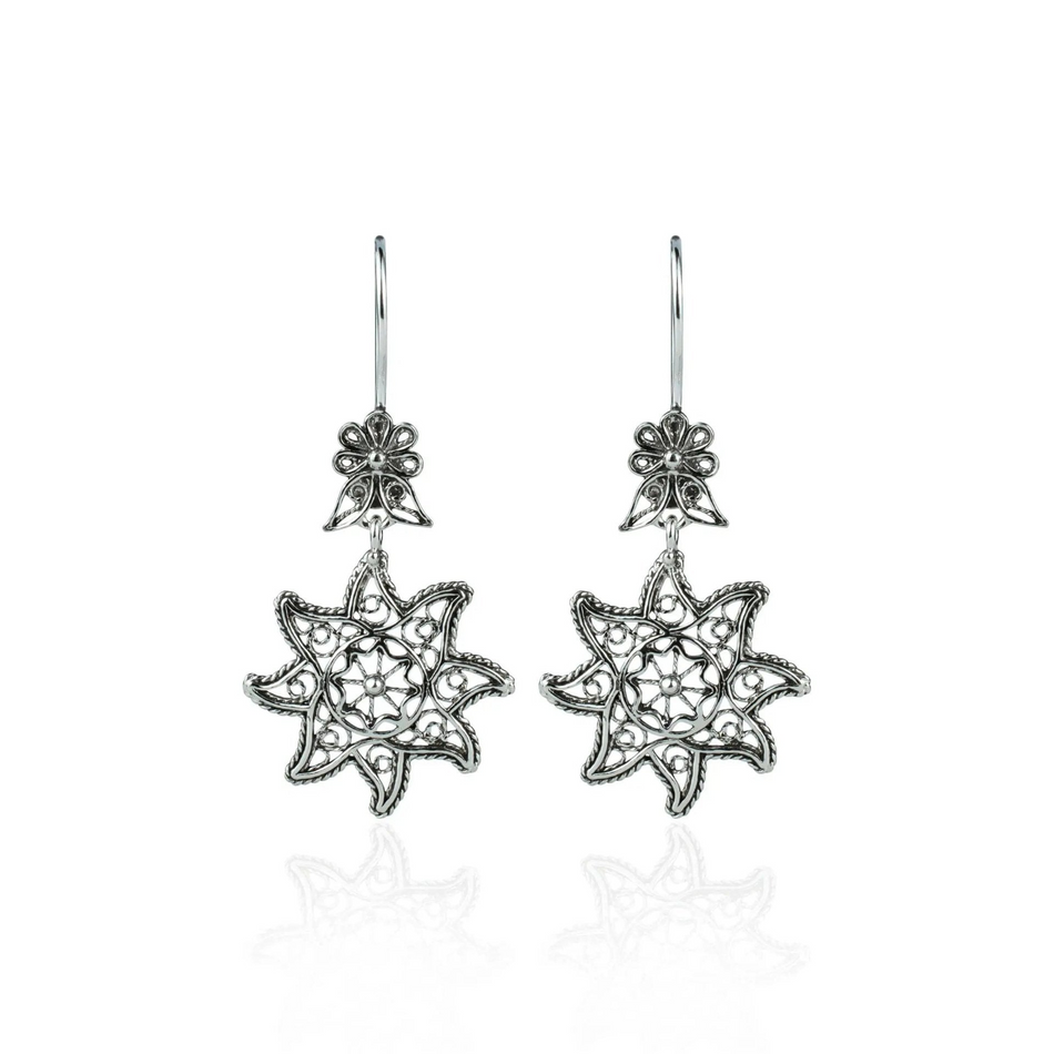 Filigree Art Star Figured Women Sterling Silver Dangle Drop Earrings