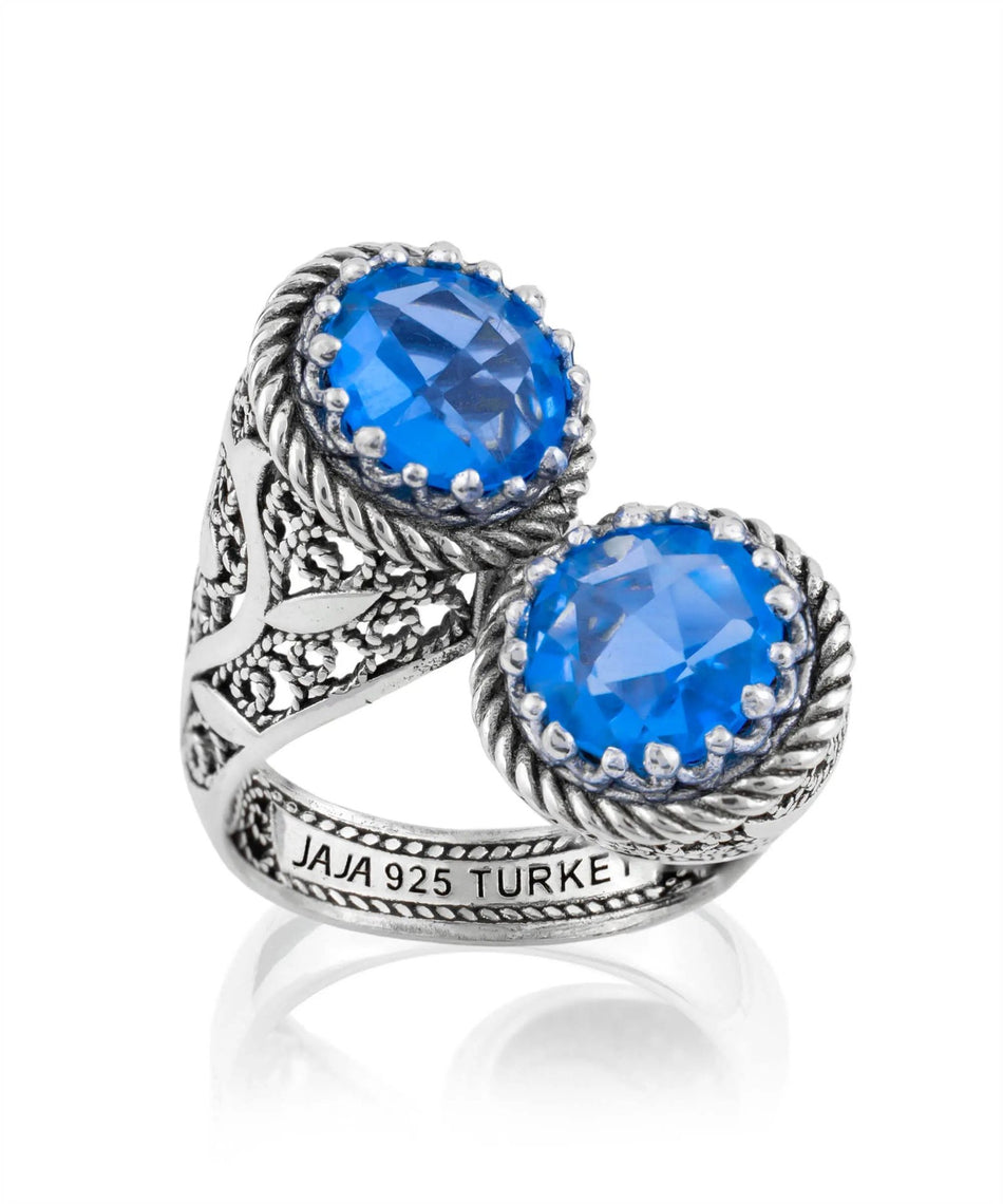 925 Sterling Silver Women's Bypass Ring with Blue Quartz Gemstone - Perfect for Any Occasion - Drakoi Marketplace