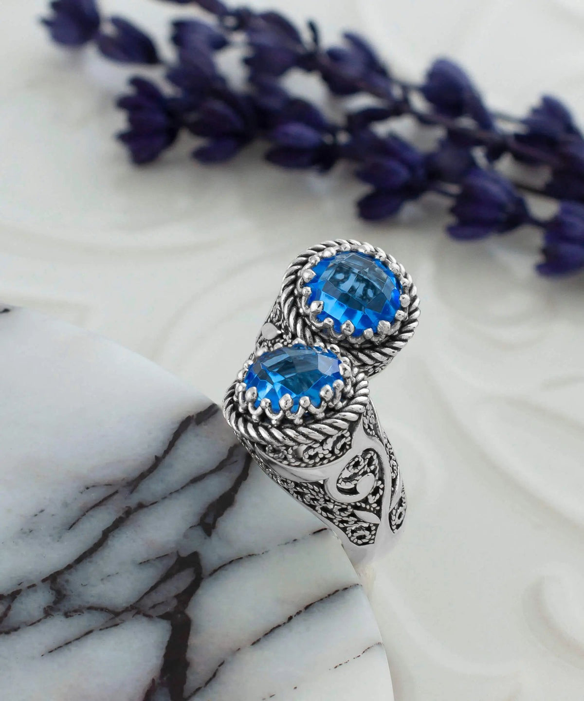 925 Sterling Silver Women's Bypass Ring with Blue Quartz Gemstone - Perfect for Any Occasion - Drakoi Marketplace