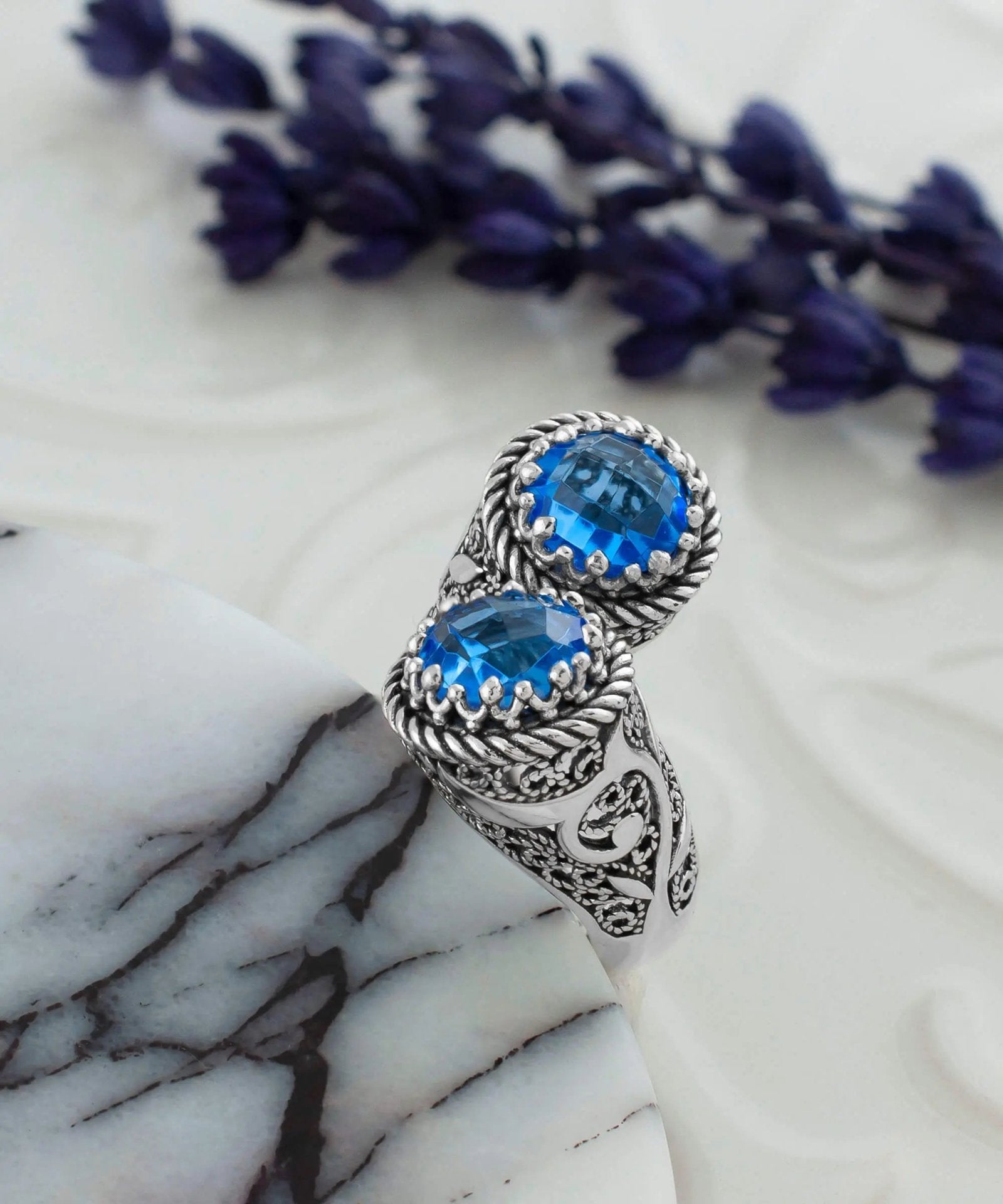 925 Sterling Silver Women's Bypass Ring with Blue Quartz Gemstone - Perfect for Any Occasion - Drakoi Marketplace