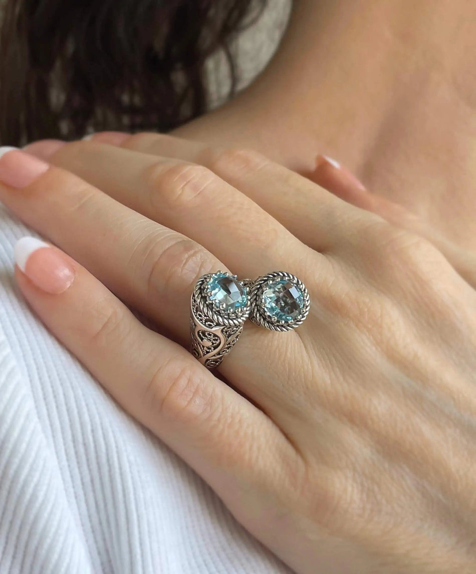 925 Sterling Silver Women's Bypass Ring with Sky Blue Topaz Gemstone - Perfect for Any Occasion - Drakoi Marketplace