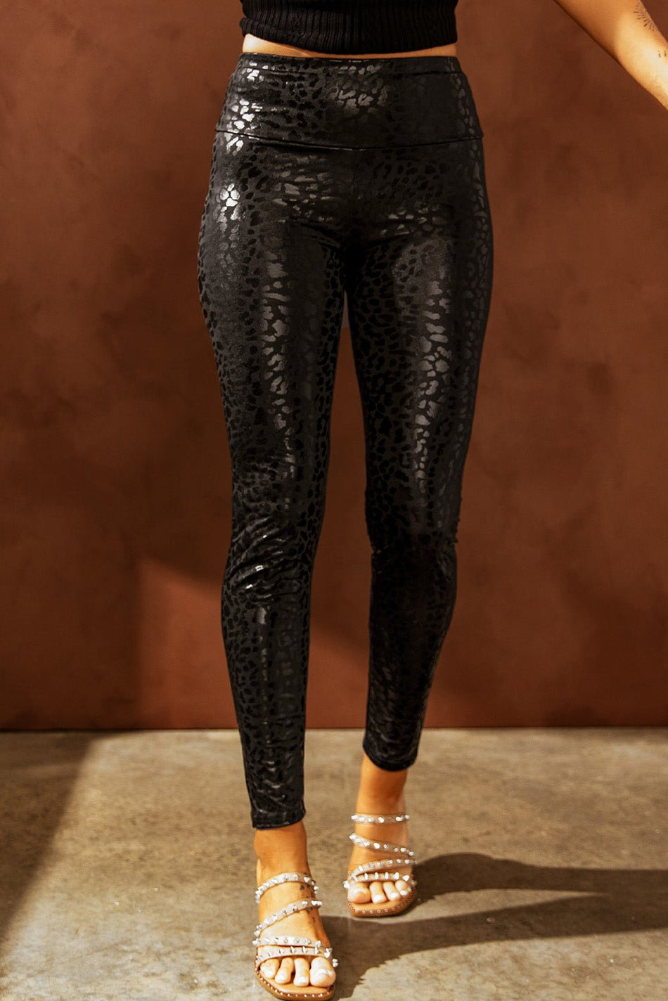 Adelaide Shiny Leopard Textured Leggings - Drakoi Marketplace