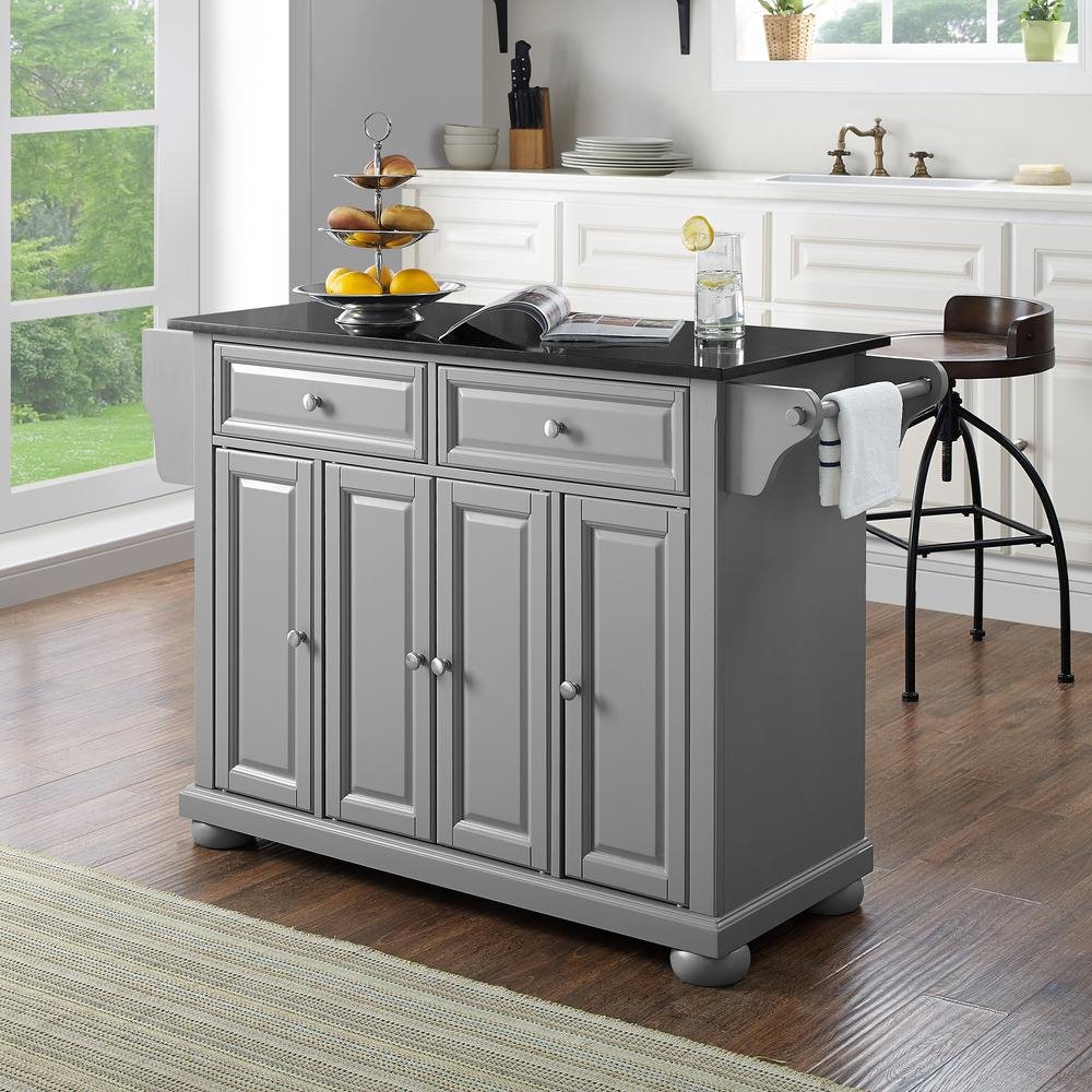 Alexandria Granite Top Full Size Kitchen Island/Cart Gray/Black - Drakoi Marketplace