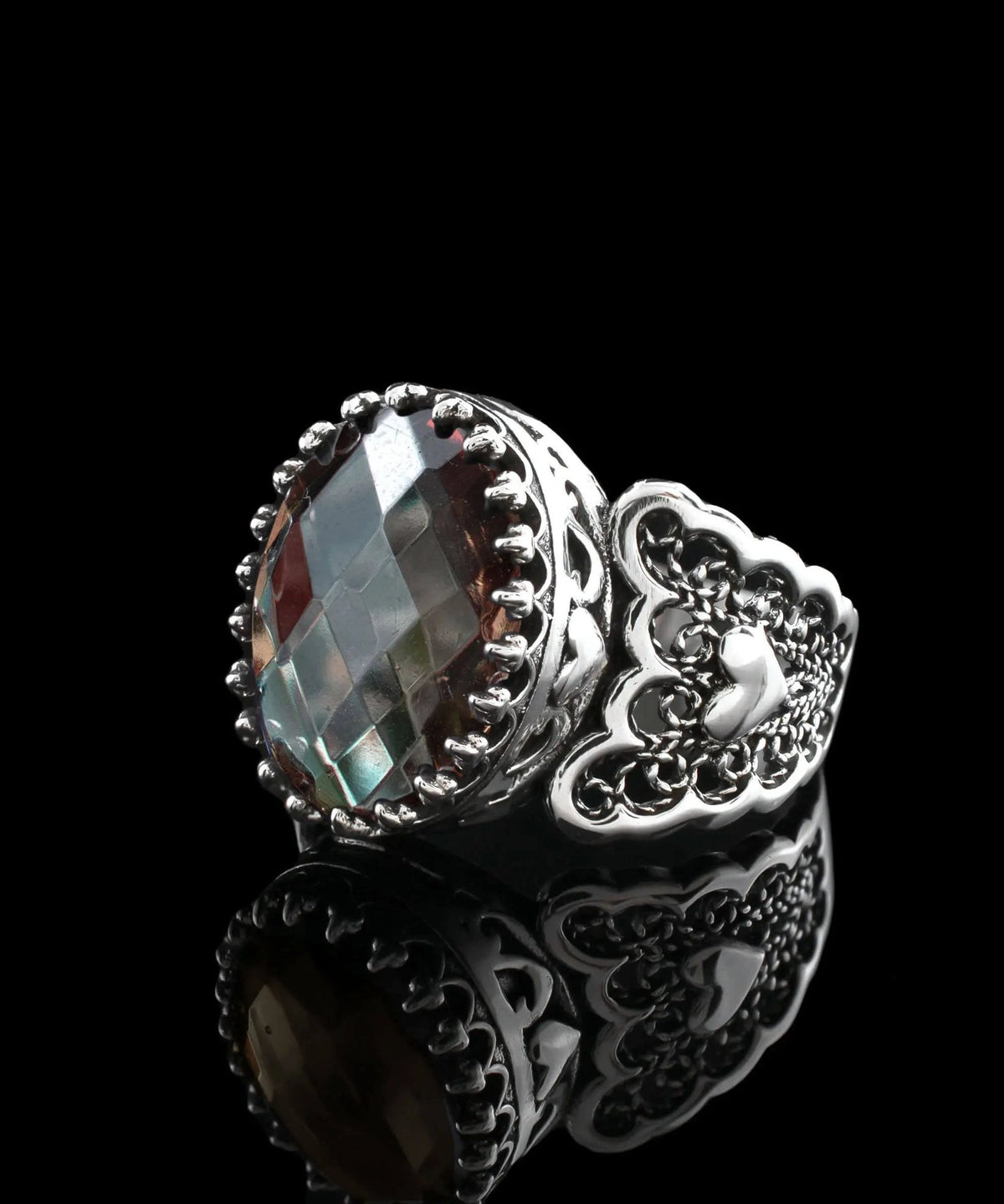 Alexandrite Gemstone Double Heart Detailed Filigree Art 925 Sterling Silver Women Statement Ring - Drakoi Marketplace