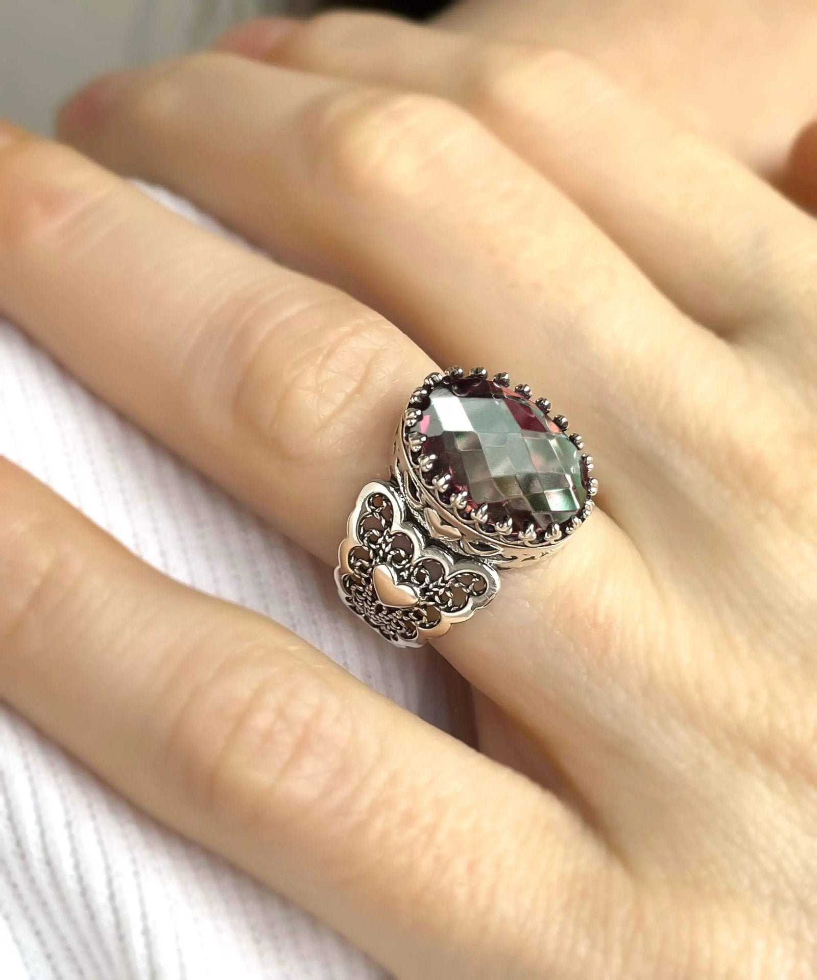 Alexandrite Gemstone Double Heart Detailed Filigree Art 925 Sterling Silver Women Statement Ring - Drakoi Marketplace