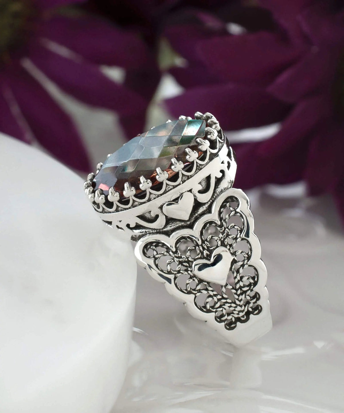 Alexandrite Gemstone Double Heart Detailed Filigree Art 925 Sterling Silver Women Statement Ring - Drakoi Marketplace