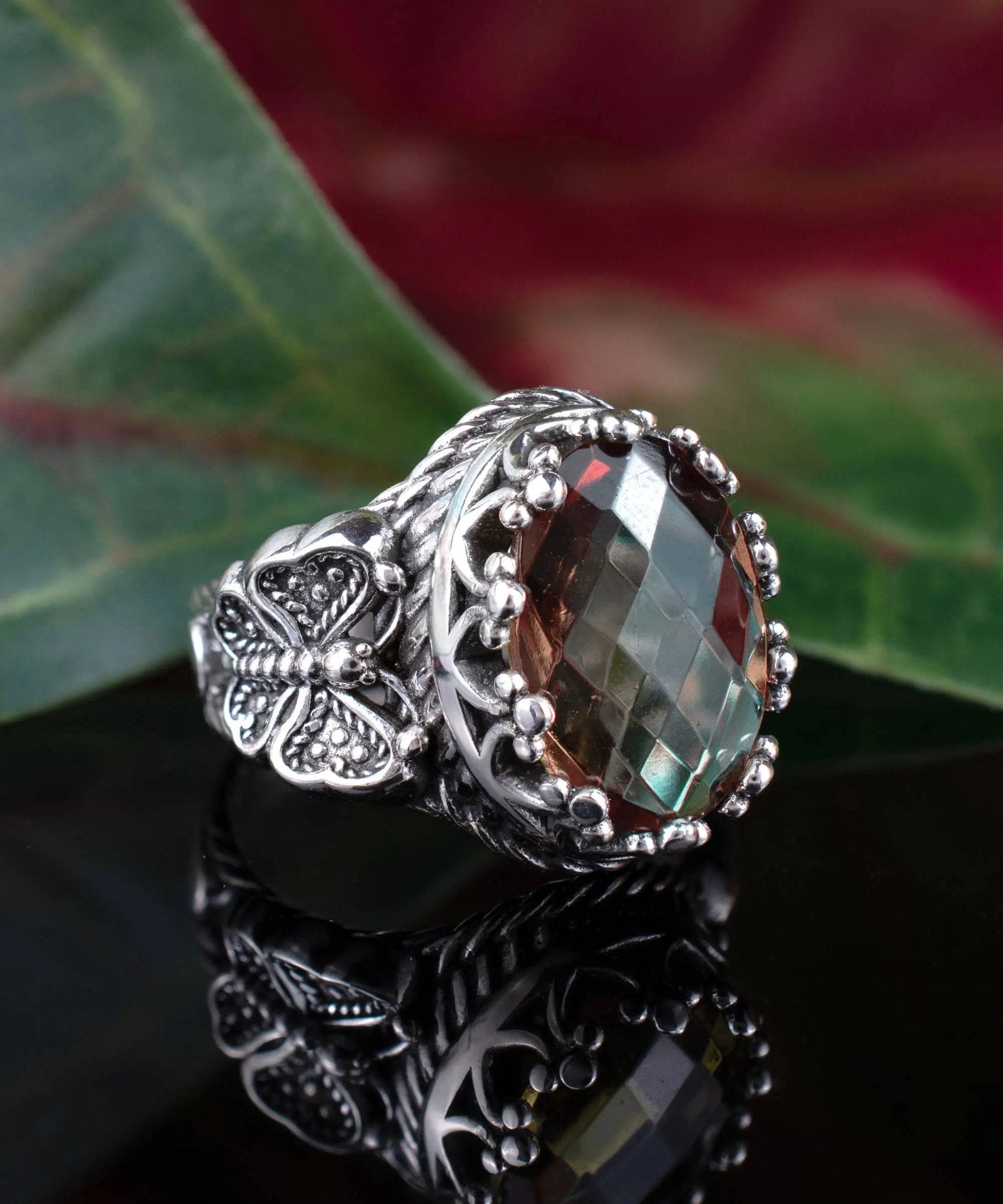 Alexandrite Gemstone Filigree Art Double Butterfly Detailed Women Silver Statement Ring - Drakoi Marketplace