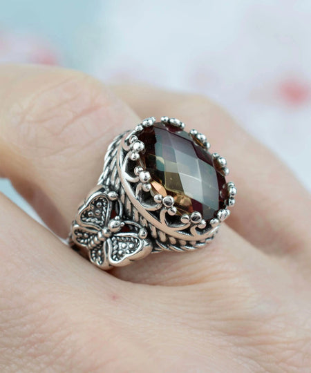 Alexandrite Gemstone Filigree Art Double Butterfly Detailed Women Silver Statement Ring - Drakoi Marketplace