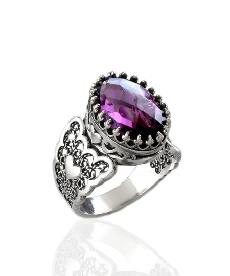 Amethyst Gemstone Double Heart Detailed Filigree Art 925 Sterling Silver Women Statement Ring - Drakoi Marketplace