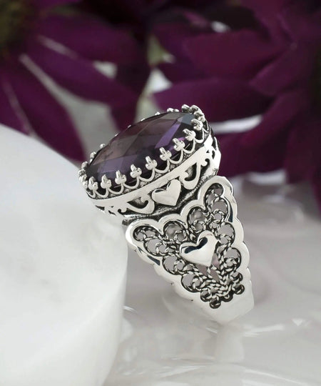 Amethyst Gemstone Double Heart Detailed Filigree Art 925 Sterling Silver Women Statement Ring - Drakoi Marketplace