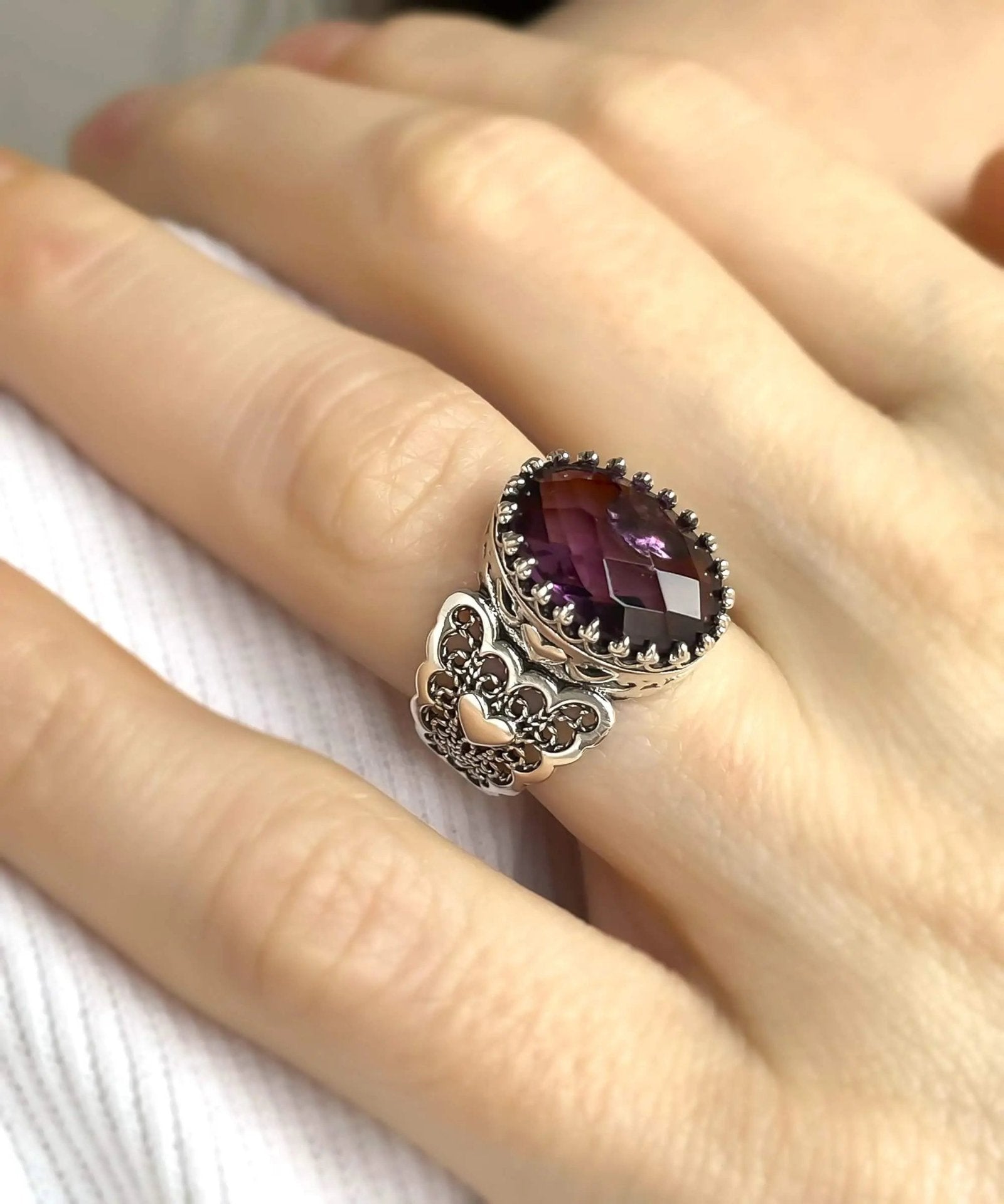 Amethyst Gemstone Double Heart Detailed Filigree Art 925 Sterling Silver Women Statement Ring - Drakoi Marketplace