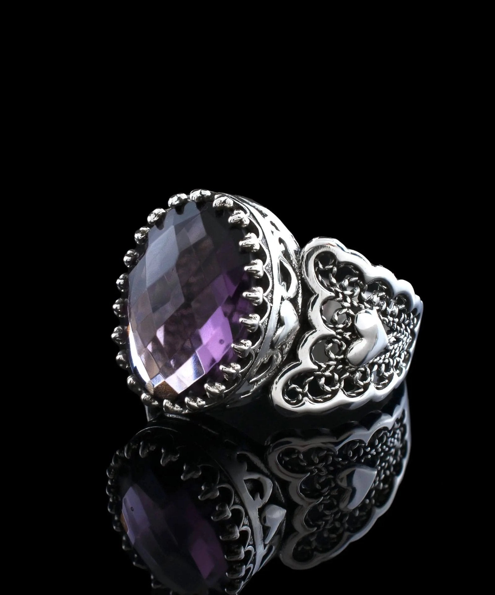 Amethyst Gemstone Double Heart Detailed Filigree Art 925 Sterling Silver Women Statement Ring - Drakoi Marketplace