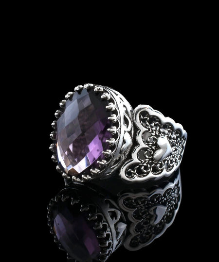 Amethyst Gemstone Double Heart Detailed Filigree Art 925 Sterling Silver Women Statement Ring - Drakoi Marketplace