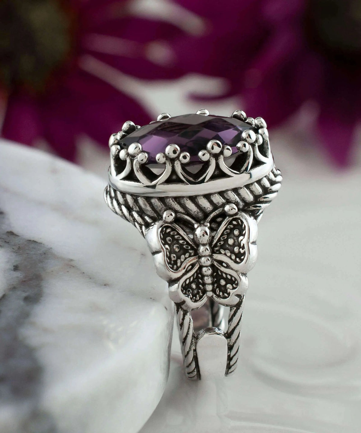 Amethyst Gemstone Filigree Art Double Butterfly Detailed Women Silver Statement Ring - Drakoi Marketplace