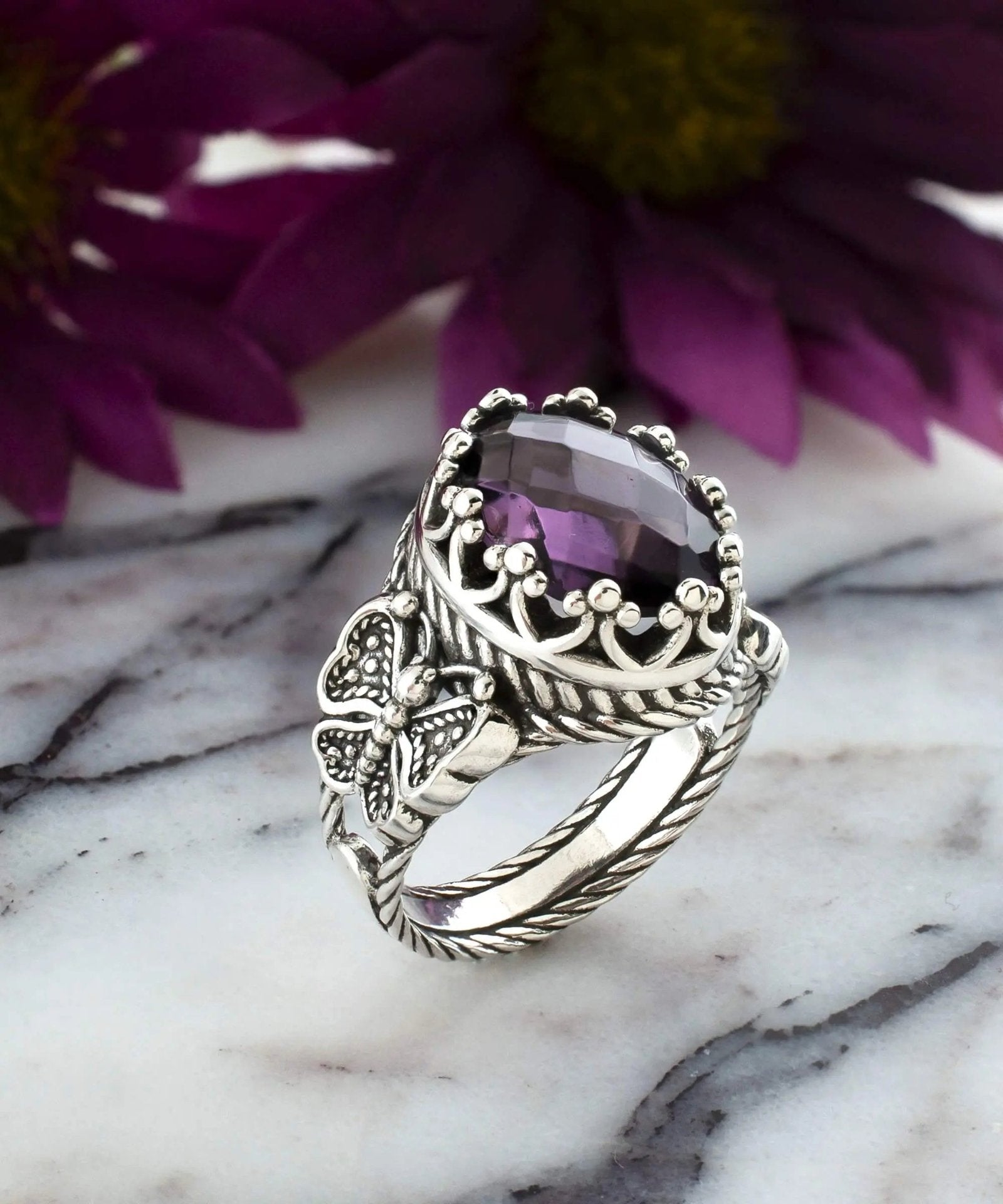 Amethyst Gemstone Filigree Art Double Butterfly Detailed Women Silver Statement Ring - Drakoi Marketplace