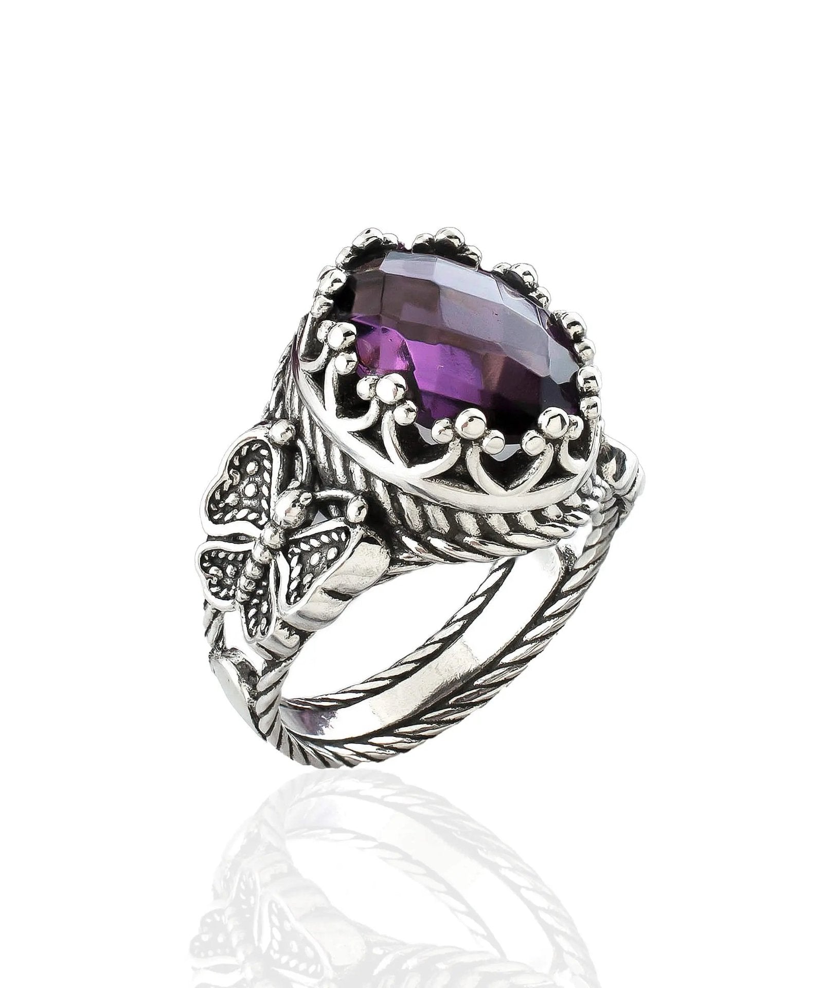 Amethyst Gemstone Filigree Art Double Butterfly Detailed Women Silver Statement Ring - Drakoi Marketplace