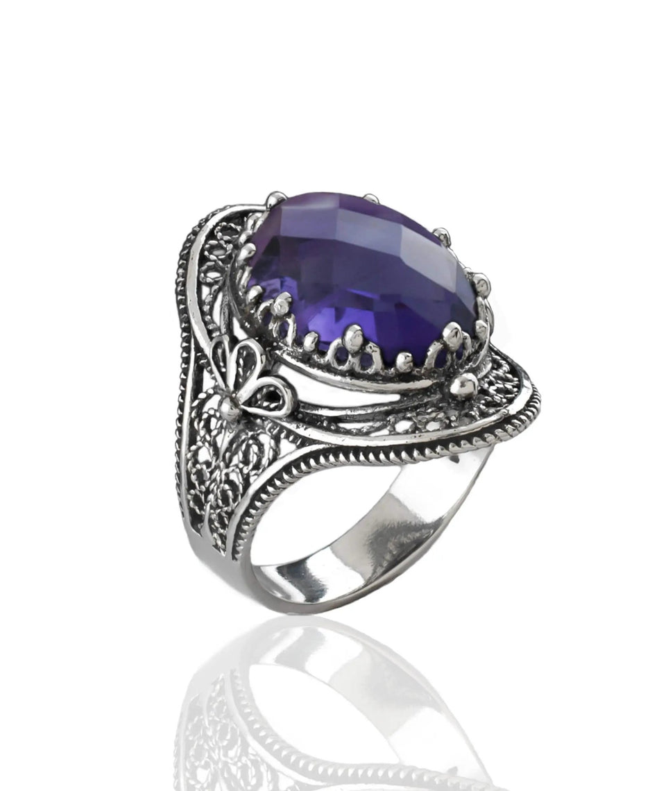 Amethyst Gemstone Filigree Art Woman Silver Statement Ring - Drakoi Marketplace