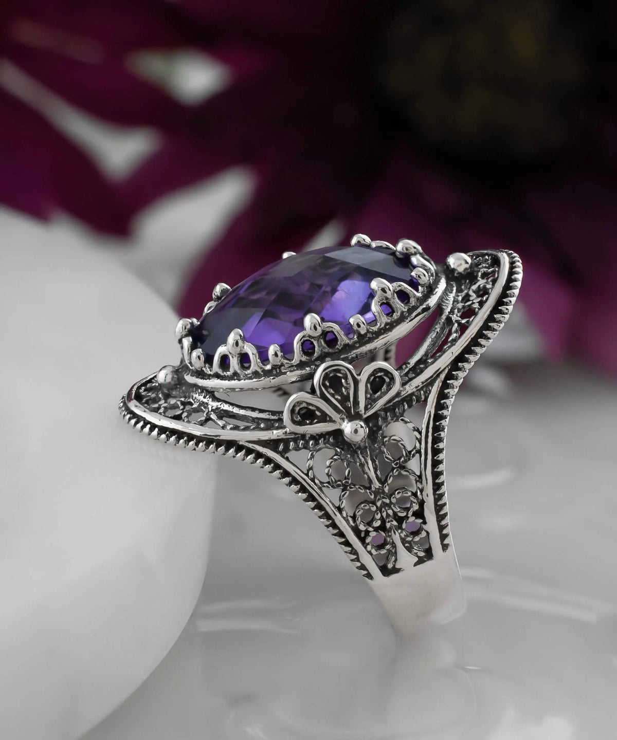 Amethyst Gemstone Filigree Art Woman Silver Statement Ring - Drakoi Marketplace