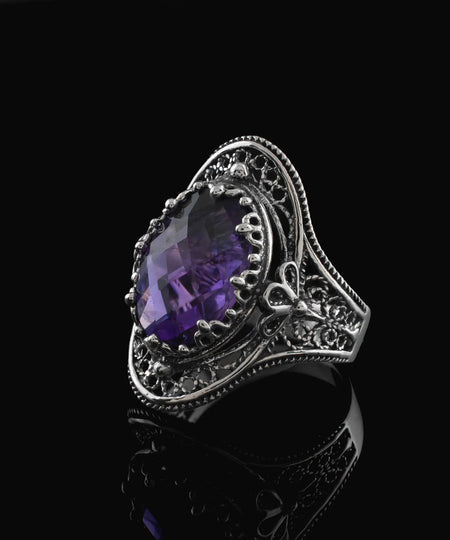 Amethyst Gemstone Filigree Art Woman Silver Statement Ring - Drakoi Marketplace