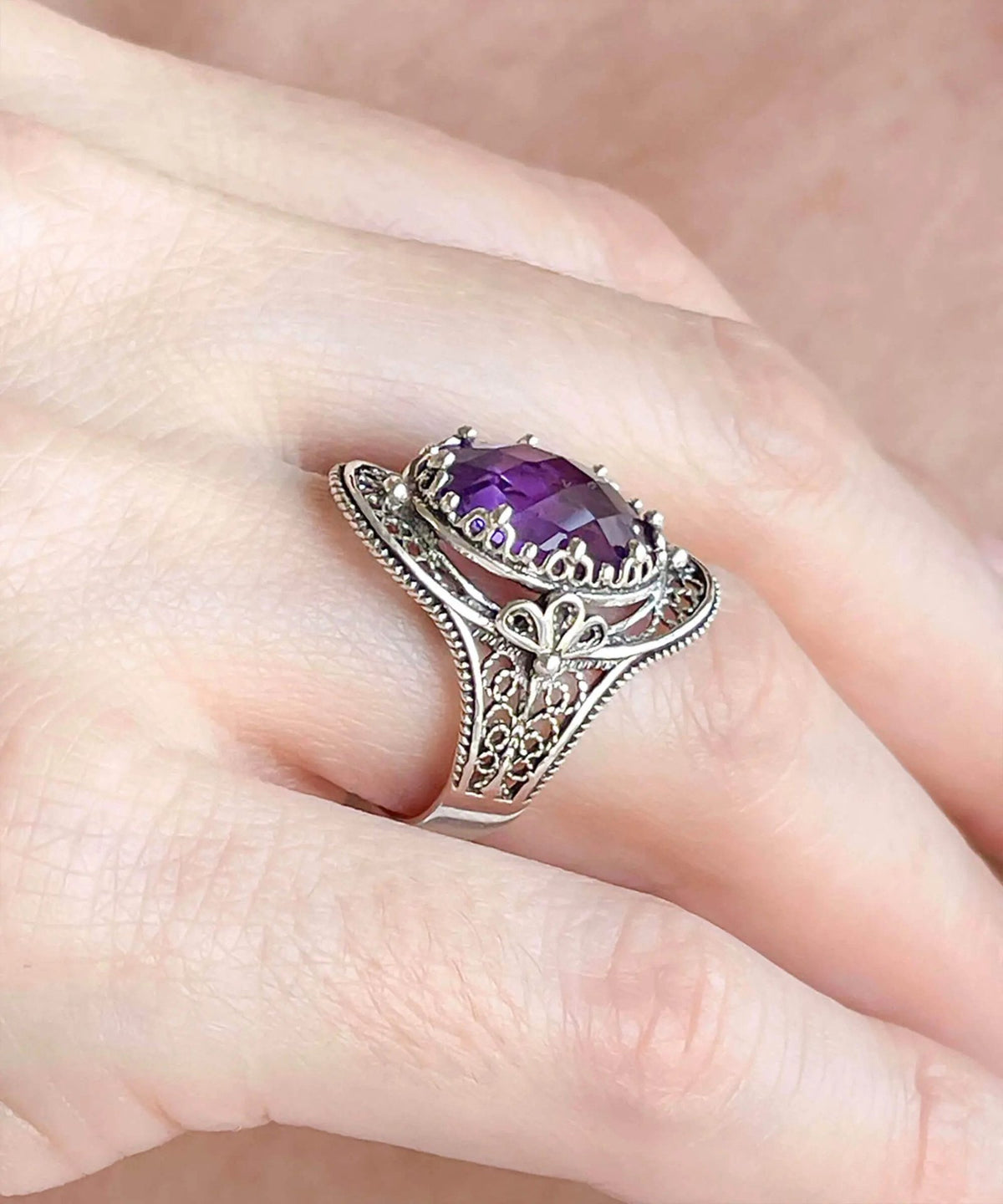 Amethyst Gemstone Filigree Art Woman Silver Statement Ring - Drakoi Marketplace