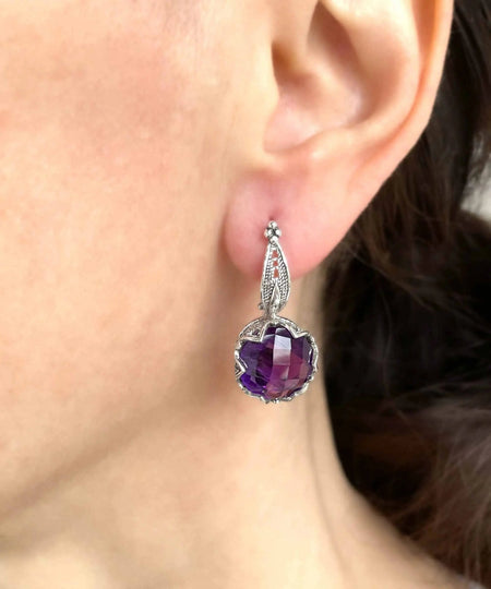 Amethyst Gemstone Sterling Silver Woman Drop Earrings - Drakoi Marketplace