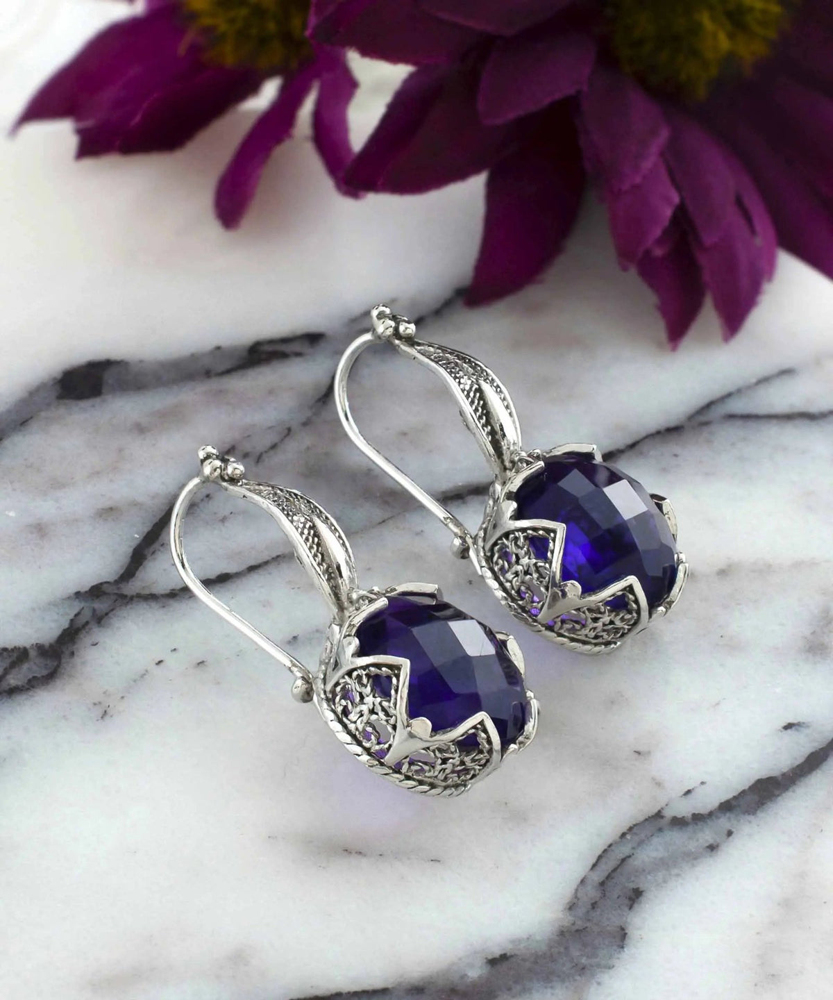 Amethyst Gemstone Sterling Silver Woman Drop Earrings - Drakoi Marketplace