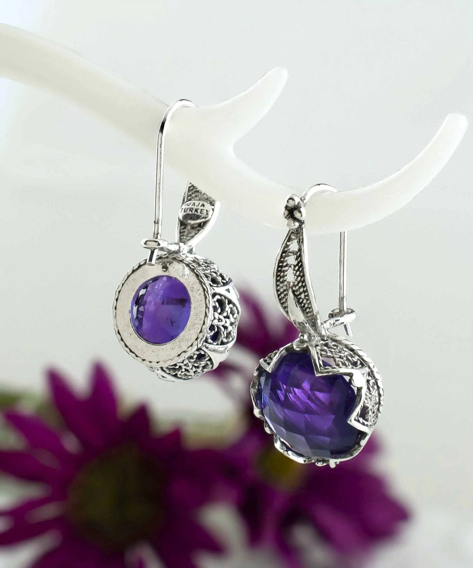 Amethyst Gemstone Sterling Silver Woman Drop Earrings - Drakoi Marketplace